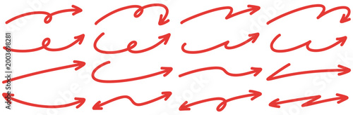 手書きの矢印セット 赤ペンで描いたような太線のあしらい
