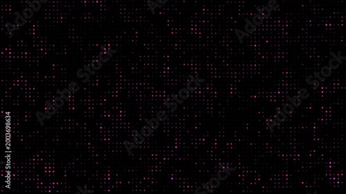 High technology animated technological background with randomly glowing dots and fading out, data information matrix animation. pink flickering motion graphic on dark background