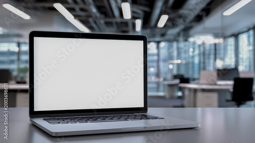 Laptop on Desk in Modern Office with Blank Screen Mockup