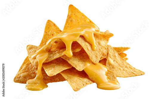 Crispy tortilla chips piled and drizzled with melted cheese sauce, rich and savory, isolated on white background