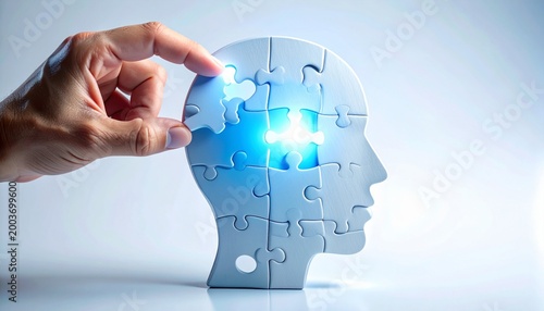 cognitive solution featuring the final puzzle piece fitted into the profile of a human head glowing blue, symbolizing clarity,e