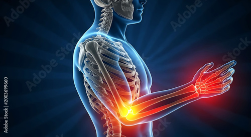 Human arm elbow and wrist pain concept skeleton anatomy medical illustration