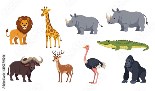 Fotografie Diverse african wildlife collection lions giraffes rhinos and more