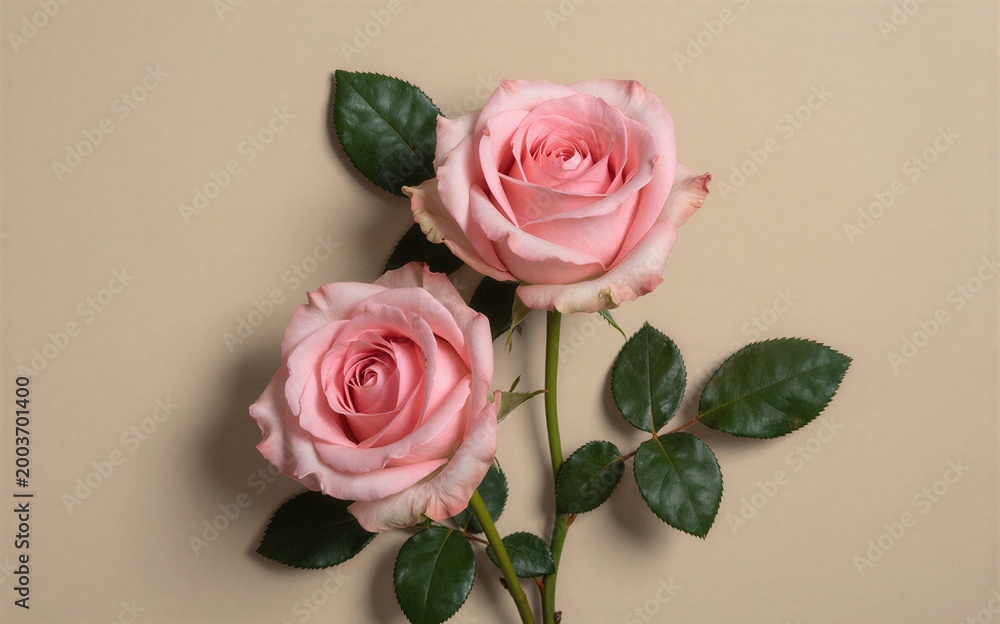 Fototapeta premium Two pink roses with green leaves on a soft beige background.