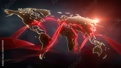 Digital world map with glowing red lines illustrating global connections and data flow across continents in a dark, futuristic setting.