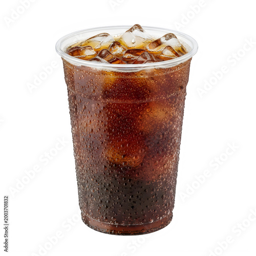 Filled plastic cup of dark carbonated beverage with ice cubes