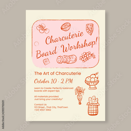 Elegant Hand-Drawn Charcuterie Board Workshop Flyer Template with Rustic Food Illustrations and Vintage Styling