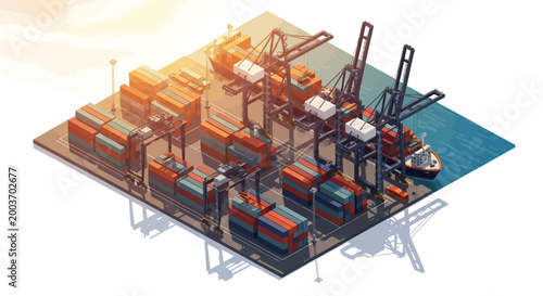 Isometric illustration shows cargo ships docked at a busy port with multiple cranes loading colorful containers under a bright, sunny sky, conveying a sense of global trade and efficient