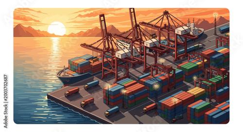 Aerial illustration of a bustling container port at sunset featuring cargo ships, cranes, and stacks of colorful containers, set against a backdrop of mountains and warm, golden light