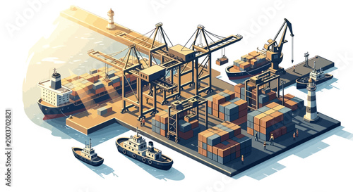 Isometric illustration showcases a bustling port with cargo ships, cranes, and stacked containers under bright sunlight, set against a clean white background, conveying a sense