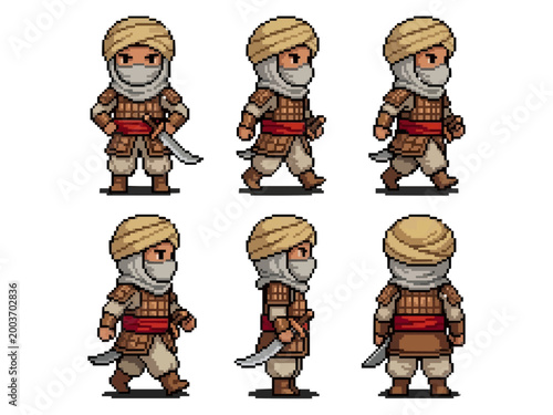 pixel art character spritesheet of a desert warrior wearing a turban and face mask, equipped with scale armor and a scimitar.