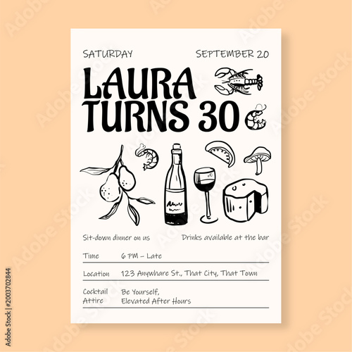 Elegant Hand-Drawn 30th Birthday Dinner Invitation Template with Food and Wine Illustrations on Cream Background