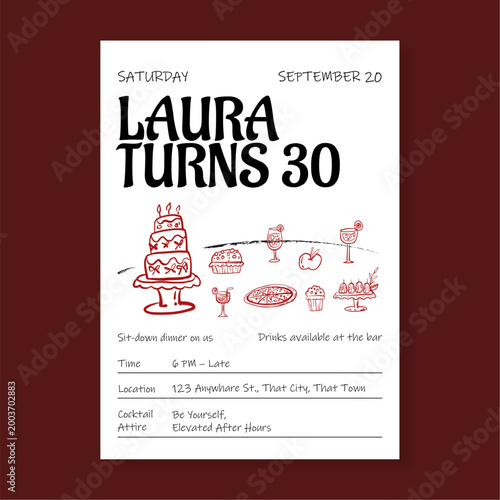 Billede på lærred Minimalist 30th Birthday Party Invitation Template with Modern Bold Typography a