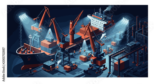Isometric vector illustration shows cargo ships being loaded by cranes in a port at night, creating a scene with complex machinery and industrial activity under bright spotlights on a dark