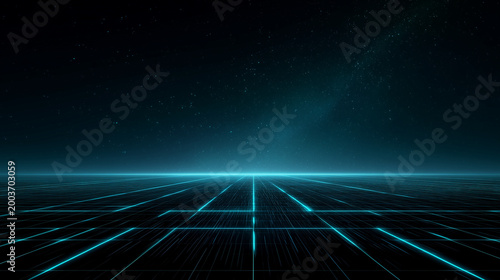 Glowing Cosmic Grid Horizon Representing Digital Future and Infinite Technology Space