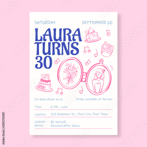 Fotografie Hand-Drawn 30th Birthday Invitation Card Template with Cute Pink and Blue Doodle
