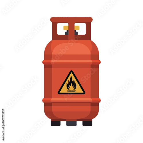 LPG gas cylinder with flammable warning sign, red propane tank vector illustration for cooking fuel storage safety, hazard awareness, and industrial safety systems
