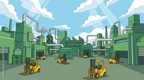 A futuristic industry scene showcases renewable energy sources powering a large factory with various machinery and vehicles operating efficiently.
