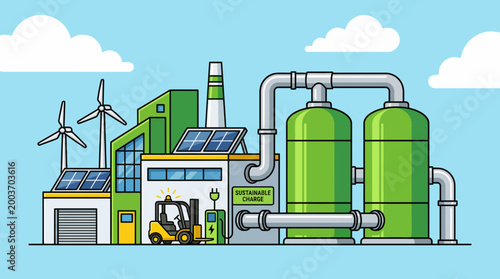An industrial facility generates renewable energy on a sunny day with solar panels and wind turbines nearby.