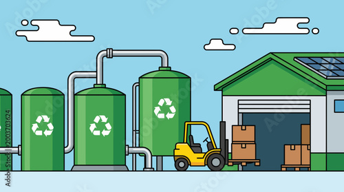 A forklift transports boxes to a renewable energy industry warehouse with recycling tanks.