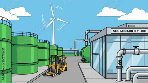 A forklift transports materials near a sustainable industry facility with renewable energy sources