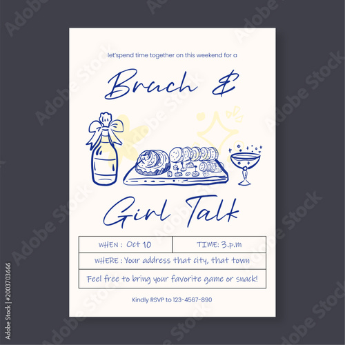 Obraz na płótnie Minimalist Hand Drawn Brunch and Girl Talk Invitation Template with Food and Bev
