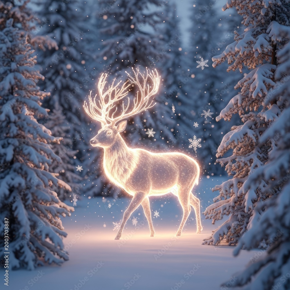 Fototapeta premium Enchanting Glowing Reindeer in a Snowy Winter Forest.