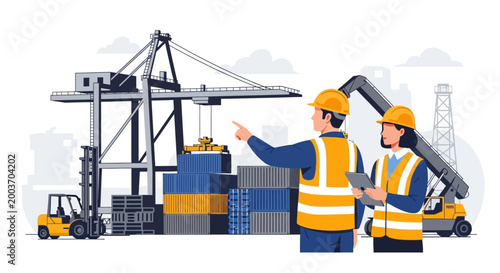 Two logistics workers in bright yellow vests and hardhats oversee the loading of shipping containers by a crane and forklift in a modern port illustration with a clean, minimalist design