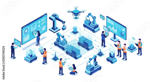 Isometric illustration of a digital factory where engineers operate robotic arms, drones, and conveyor belts, against a clean background with a cool blue color palette highlighting modern