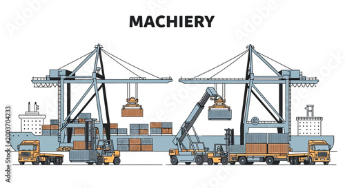 Illustration of a container ship being loaded with cargo by cranes and forklifts, set against a clean white background, with a focus on machinery and logistics in a flat, cartoon-like
