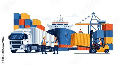 A vector illustration portrays two workers discussing logistics near a truck and forklift, with a cargo ship and stacked containers visible in the background, set against a clean white
