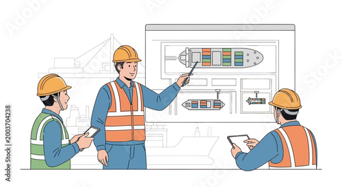 Three engineers in safety vests and helmets stand presenting a ship blueprint on a large screen, using tablets and pointing at the details, with a clean design and a bright, professional