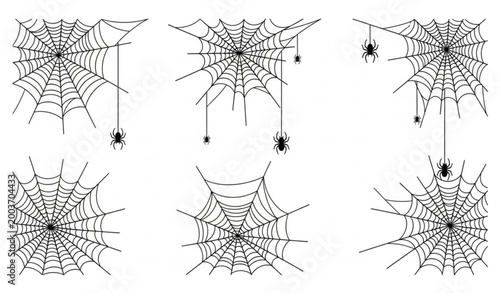 Spider web corner silhouettes set with spiders vector illustration halloween cobweb collection isolated on white background