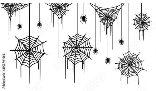 Hanging spider web silhouettes with spiders vector illustration creepy halloween cobweb decoration isolated on white background