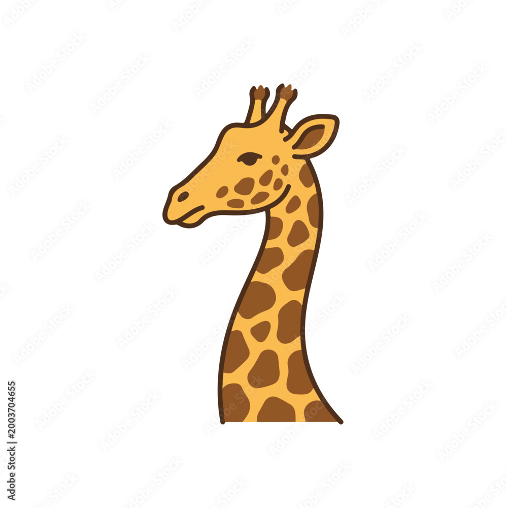 Fototapeta premium Cute giraffe head illustration with long neck and brown spots for kids and children design projects featuring a friendly cartoon character style in a simple artistic drawing Vector