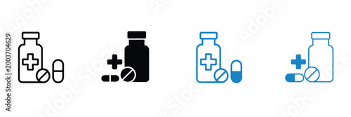 Medicine icons multiple style vector design, bottle with pills symbol for healthcare, medication, pharmaceutical treatment, and medical care concepts