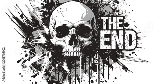 A black and white skull with the words 'THE END' next to it.