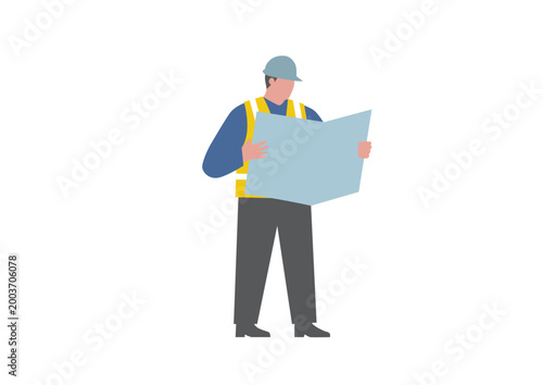 ヘルメットを被り図面を確認する現場作業員のイラスト 工事 建設 ベクター
