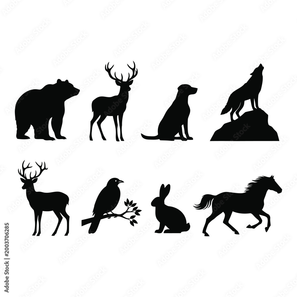 Fototapeta premium Collection of diverse wild and domestic animal silhouettes including a bear deer dog wolf bird rabbit and horse in various poses showcasing their distinct forms
