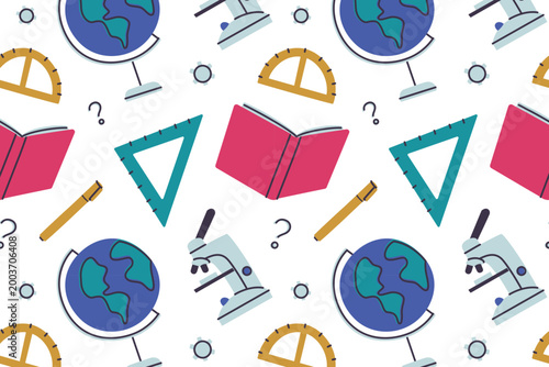 School and science seamless pattern, flat cartoon books, rulers, globe, microscope, pens and stationery supplies. Education and learning vector illustration, colored pattern on white background