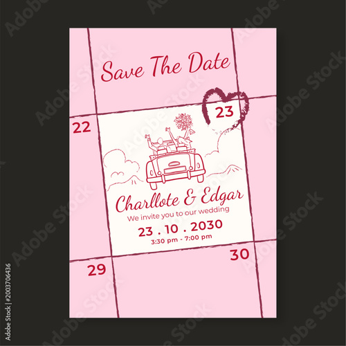 Romantic Pink Save the Date Wedding Invitation Template with Hand-Drawn Couple in Convertible Car and Heart Calendar Grid Design