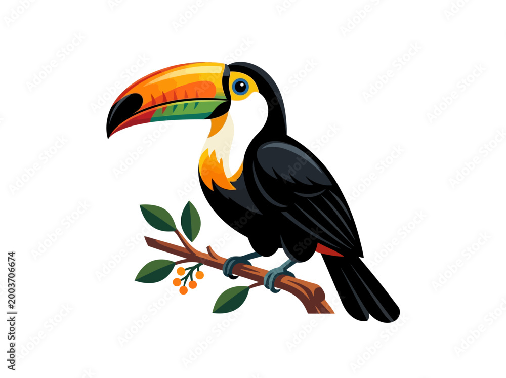 Fototapeta premium Vibrant illustration of a toucan bird perched on a branch.