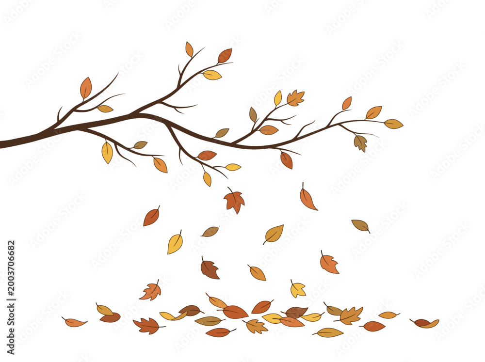 Naklejka premium Autumn branch with colorful falling leaves isolated on white background.