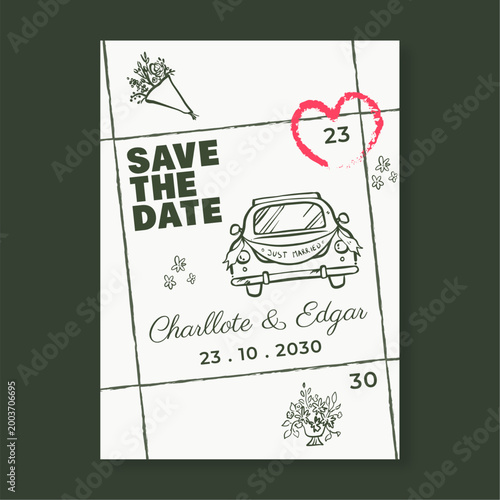 Elegant Save the Date Wedding Announcement with Hand Drawn Calendar Layout Vintage Just Married Car and Floral Sketches