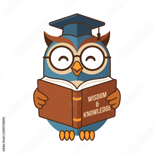 Cartoon owl wearing a graduation cap reading a book of wisdom and knowledge.