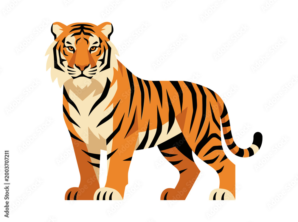 Obraz premium Stylized flat vector illustration of a majestic standing tiger with orange fur and black stripes on white background.