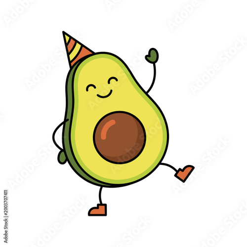Cute cartoon avocado character wearing a party hat dancing happily.