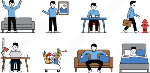 Daily Life Routine Activities Illustration Set Showing Work Shopping Rest Sleeping Walking and Home Lifestyle Vector Collection