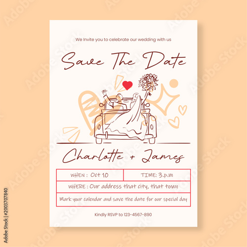 Fotografie Elegant Hand Drawn Wedding Save the Date Invitation Template with Illustrated Co