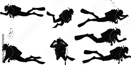 Scuba Diver Silhouette Set with Underwater Swimming Poses Diving Equipment Ocean Exploration Vector Illustration Collection